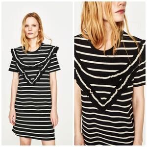Zara Women's Striped Black‎ Ruffle Trim Knit Dress Size Medium NEW